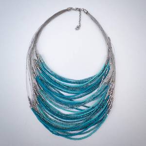 Turquoise Bead Necklace - Multi-Strand Silver Chains