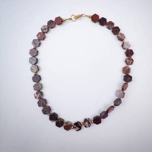 Necklace - Brown Hexagon Bead (Agate), Faceted Stone, Gold Clasp