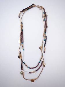 Beaded Multi-Strand Necklace - Turquoise, White, Brown Beads with Gold Discs