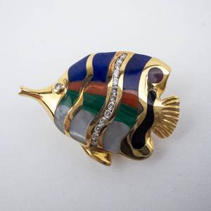 14K Gold Asch Grossbardt Fish Brooch with Lapis, Malachite, Coral, Mother of Pearl & Diamonds