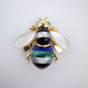 Asch Grossbardt Bee Brooch - 14K Gold, Malachite & Enamel