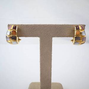 14K Gold Mosaic Omega Back Earrings - Multi-Color Gemstone Inlay