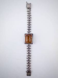 Massive Sterling Silver Bracelet with Rectangular Cognac Amber Cabochon