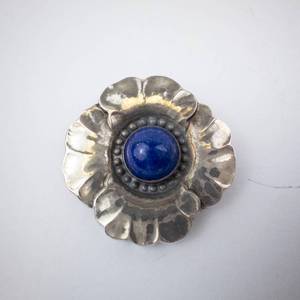 Georg Jensen Sterling Denmark Flower Brooch - Blue Lapis Cabochon Center