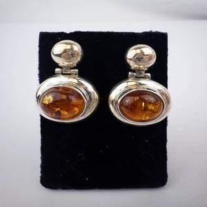 Inger K Sterling Amber Cabochon Earrings