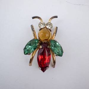 Coro Sterling Bee Brooch - Gold Tone with Emerald Green Wings & Red Gem Abdomen