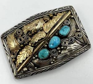 lot 11S image: Navajo Sterling Belt Buckle With Turquoise Inlays 12K Gold-Filled
