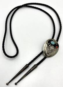 lot 46S image: Navajo Sterling Silver Bolo Necklace - Turquoise & Coral Inlay