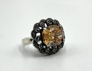 lot 61S image: 925 Sterling Silver Citrine Marcasite Cocktail Ring - Size 7