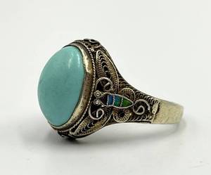 lot 63S image: Chinese Export Sterling Filigree Turquoise Ring - Adjustable, Cabochon