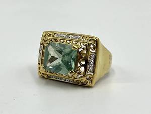 lot 70S image: Emerald-Cut Aquamarine Ring, Size 9, 925 Stamp in Gold-Tone Setting