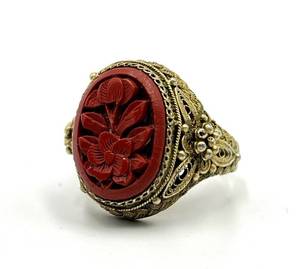 lot 80S image: Chinese Export Cinnabar Floral Ring - Gilt Silver Adjustable