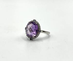 lot 86S image: Sterling Silver Oval Amethyst Ring - Halo Setting