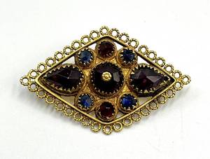 lot 144S image: Filigree Brooch Pin - Gold-Tone With Red and Blue Stones