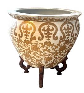 lot 26R image: LR - Asian Style Ceramic Planter With Wooden Stand