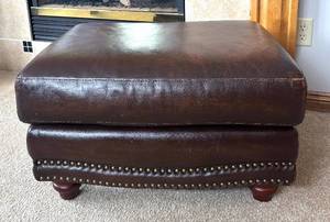 lot 41R image: O - Brown Leather Ottoman with Nailhead Trim and Wooden Feet