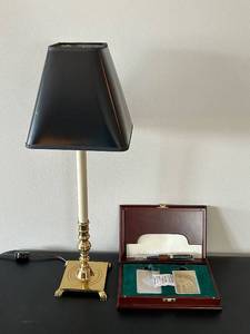lot 74C image: LL - Brass Table Lamp 23 in Tall - Black Shade & Wood Card Case with Cards