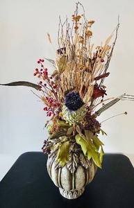 lot 76C image: LL - Autumn Dried Floral Arrangement in Pumpkin Vase