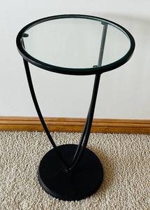 lot 77C image: LL - Round Glass Top Side Table - Black Metal Frame