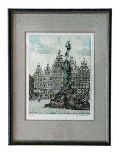 lot 113H image: Francis Hebbalick - Antwerp Brabo Scene Original Etching Hand Made