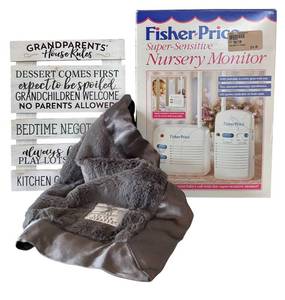 lot 114H image: Baby Items & Grandparents Sign Decor - Fisher-Price Nursery Monitor, Little Giraffe Blanket