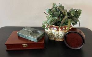 lot 125H image: Wood Desk Box Poker Set with Cards & Pen - Marble Ashtray, Planter with Faux Greens & Leather Coasters