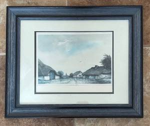 lot 155R image: O - Framed Landscape Print - Village with Thatched Roofs