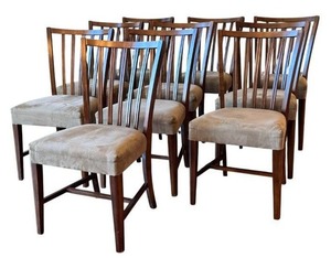 lot 12 image: Wooden Dining Chairs - Set of 10 - Beige Micro Fiber Upholstery