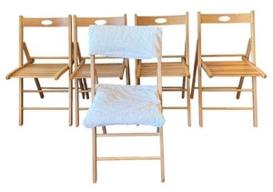 lot 19 image: Wooden Folding Chairs - Set of Five with Cushions & Covers