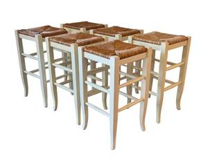 lot 24 image: K - Six White Wood Bar Stools with Rush Seating