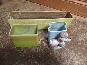 lot 153 image: (3) Planters - (1) Redwing, (1) Dog Planter with Broken Tail, & (1) Basic
