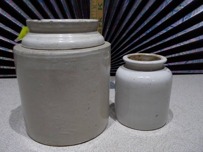 lot 50 image: These are vintage or antique French stoneware confit or preservation pots,