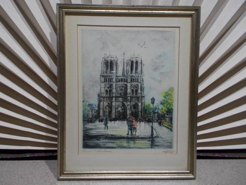 lot 70 image: This appears to be a vintage, one of the 1st etchings from hand-watercolored etching of the Notre Dame Cathedral in Paris,
