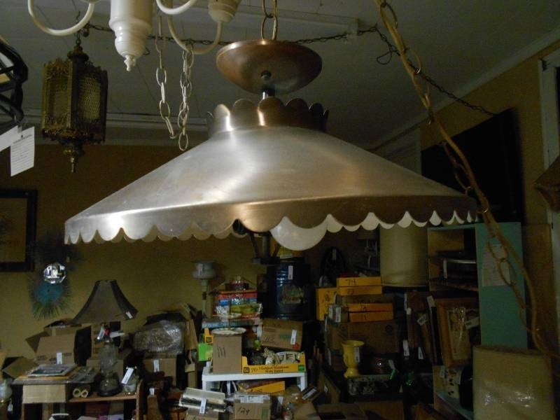 lot 177 image: This is a vintage 1950s metal hanging pendant light with a wide scalloped hood
