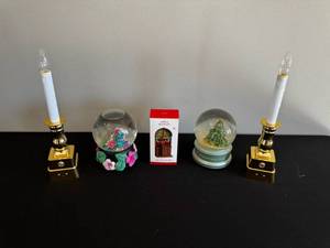 lot 6 image: Hallmark Keepsake Box, Snow Globes & Candle Holders - Christmas Decor Set