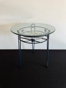 lot 11 image: Round Glass Top Side Table - Blue Metal Frame with Circular Ring Design