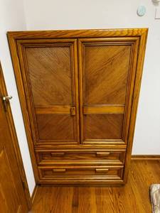 lot B-12 image: Oak Wood Armoire Wardrobe - 2 Doors & 3 Drawers, Vintage Storage Cabinet