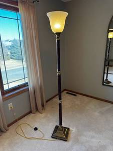 lot 15 image: Floor Lamp - Dark Wood Column with Brass Accents & Speckled Frosted Glass Shade