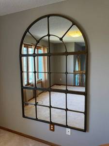lot 16 image: Iron Arch Window Mirror - Grid Pane Metal Frame Wall Decor