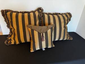 lot 28 image: Striped Throw Pillows Set - Gold & Black Fringe, 3-Piece