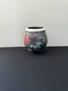 lot 36 image: Horse Silhouette Ceramic Jar Vase - Multicolor Glaze, 9 in Tall