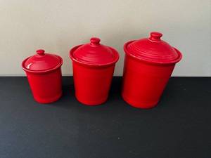 lot 39 image: Canister Set - 3-Piece - Red Enamel with Lids