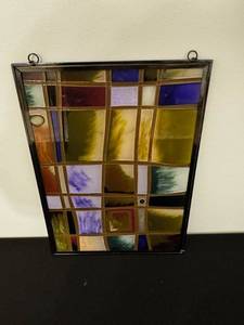 lot 77 image: Stained Glass Wall Panel - Multicolor Grid with Hanging Rings & Chain