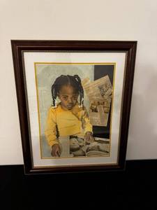 lot 78 image: Framed Portrait Print - Girl In Yellow Shirt Reading A Book, Newspaper Collage