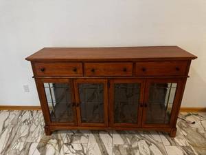lot A-83 image: Oak Sideboard Buffet with Glass-Front Cabinets and 4 Drawers