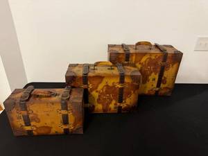 lot 84 image: Map-Printed Vintage Travel Trunk Set - 3 Piece Decorative Boxes