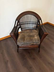 lot 90 image: Rattan Wicker Chair with Cushioned Seat - Dark Brown Finish