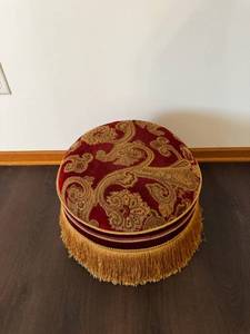 lot 93 image: Round Burgundy Paisley Velvet Ottoman Footstool with Gold Fringe
