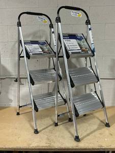 lot 58 image: LOT OF 2 Cosco 3 Step Aluminum Folding Step Stool, Lightweight, Large Stable Steps, Locks In Position, Hold Up To 225lbs
