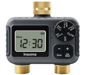 lot 150 image: Insoma 2-Zone Water Timer Brass InletOutlet, Programmable Outdoor Hose Faucet Timers with AutoManual Modes  Rain Delay, Waterproof Sprinkler Timer for Garden, Lawn, Yard, Pool  Save Water & Money